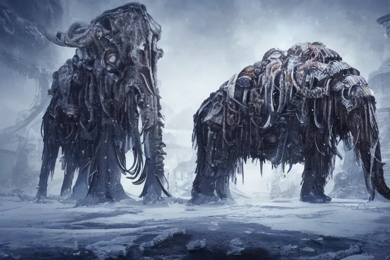 Image similar to a giant steampunk mammoth, post - apocalyptic ice landscape in snowstorm, concept art by hr giger, hyper detailed, unreal engine