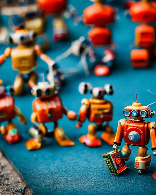 Image similar to high quality presentation photo of a a detailed miniature diorama of retro toy robots invading a detailed model of a 1950s town, photography 4k, f1.8 anamorphic, bokeh, 4k, Canon, Nikon