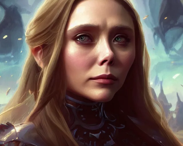 Image similar to a gaming screenshot still portrait of elizabeth olsen in final fantasy, deep focus, d & d, fantasy, intricate, elegant, highly detailed, digital painting, artstation, concept art, matte, sharp focus, illustration, dark fantasy style art, hearthstone, art by artgerm and greg rutkowski and alphonse mucha