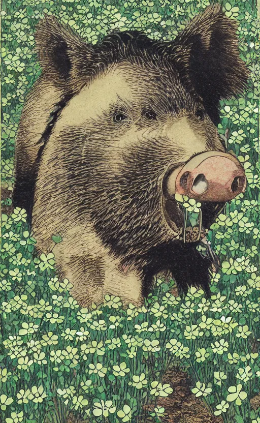 Image similar to by akio watanabe, manga art, boar eating in a field of clovers, trading card front