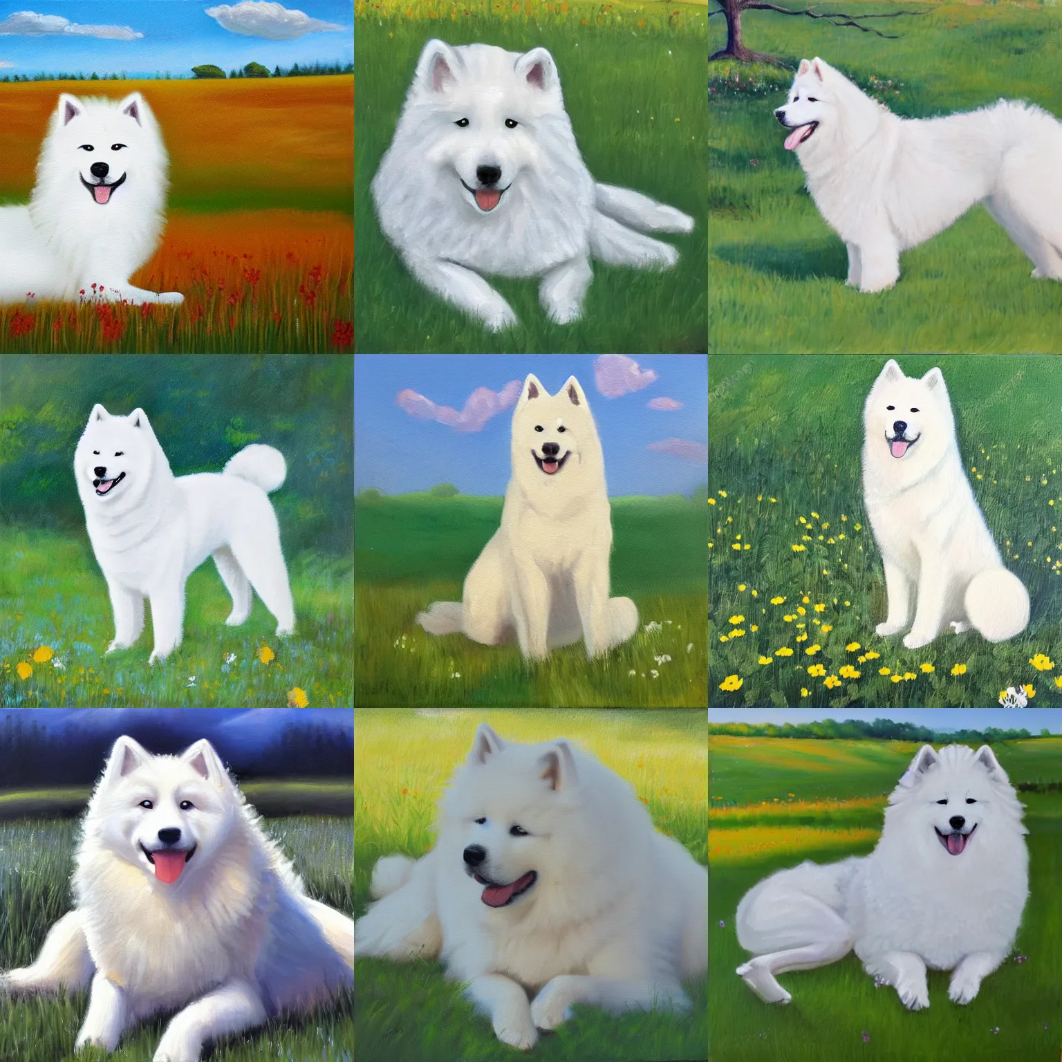 Prompt: a samoyed dog sitting in the middle of sunny meadow, oil painting