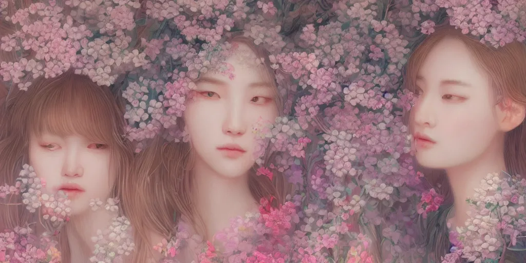 Prompt: breathtaking delicate detailed concept art painting pattern blend of flowers and girls, by hsiao - ron cheng, bizarre compositions, exquisite detail, pastel colors, 8 k