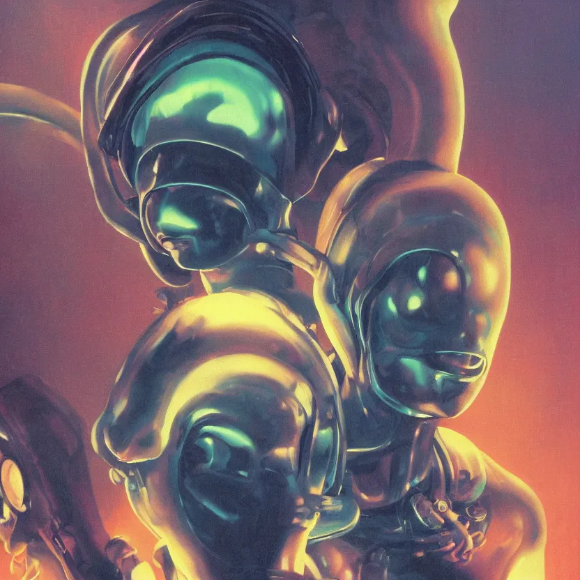 Prompt: a baroque neoclassicist close - up portrait of a colorful retrofuturistic blacklight uv silhouette of an alien astronaut being. glowing fog in the background. renaissance portrait painting. highly detailed science fiction painting by norman rockwell, frank frazetta, and syd mead. rich colors, high contrast, gloomy atmosphere, dark background. trending on artstation