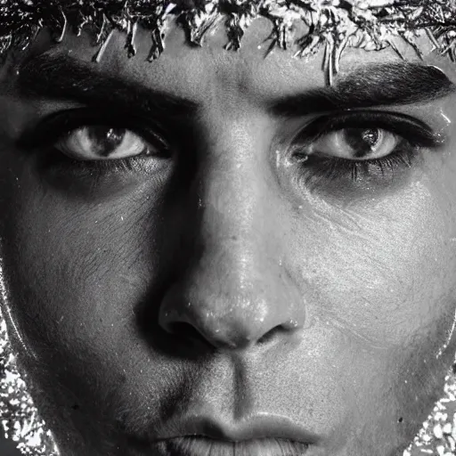 Image similar to a close up portrait of a beautiful athletic young persian male with his face covered in silver leaf , photographed by erwin olaf, artistic