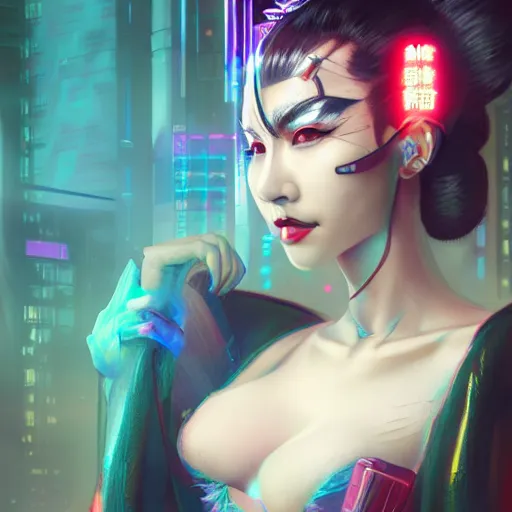 Image similar to a portrait of a cyberpunk geisha sorceress, warcore, sharp focus, detailed, artstation, concept art, 3 d + digital art, wlop style, biopunk, neon colors, futuristic