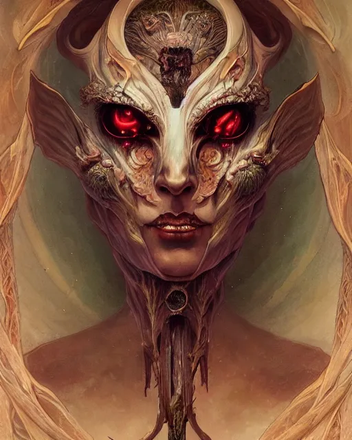 Image similar to perfectly centered portrait front view of a dead rotten beautiful female daemon growing ornamentation, ornate, detailed, symmetrical, elegant, beautifully soft lit, by wayne barlowe, peter mohrbacher, kelly mckernan