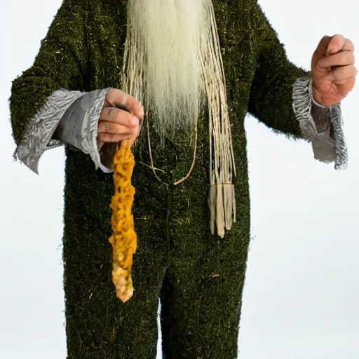 Prompt: an 8k digital photograph of an old man in a kings costume standing with a hemp bud in his hands