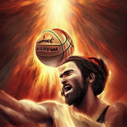 Image similar to Jesus Christ defeating the Devil in a basketball game artstation digital art epic