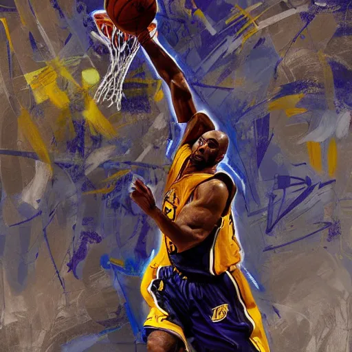 Image similar to a hyperdetailed digital oil painting of Kobe Bryant shooting on the basketball court in the 2010 Finals in the style of Guy Denning and Ruan Jia. Trending on ArtStation and DeviantArt. Digital art