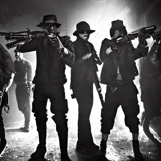 Prompt: 8 mafia members standing in a darkly lit alley way with tommy guns and bags of money on the floor, cinematic, dynamic lighting, cool, tactical, raining, photorealistic, stunning, detailed