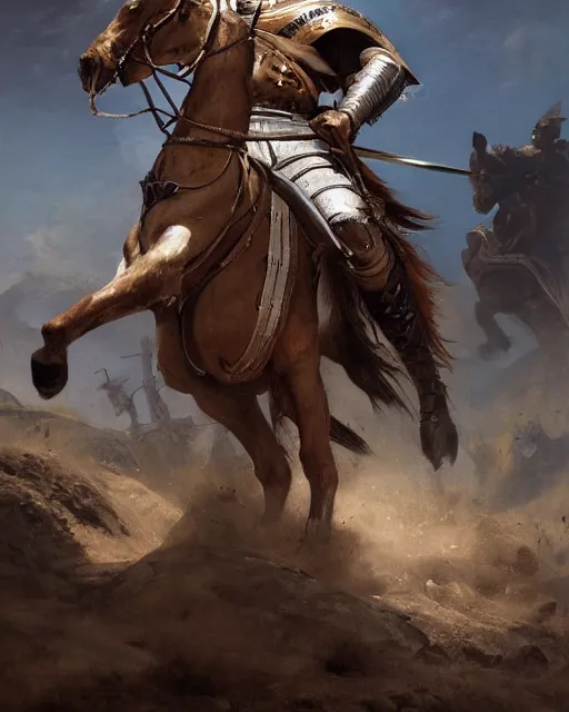 Image similar to portrait of a spanish conquistador in battle riding a horse, by daniel zrom and greg rutkowski, facial features, handsome