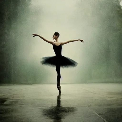 Image similar to portrait of a ballerina, dancing in the rain, cinematic light and reflections, beautiful dreamy lighting, by annie leibovitz,