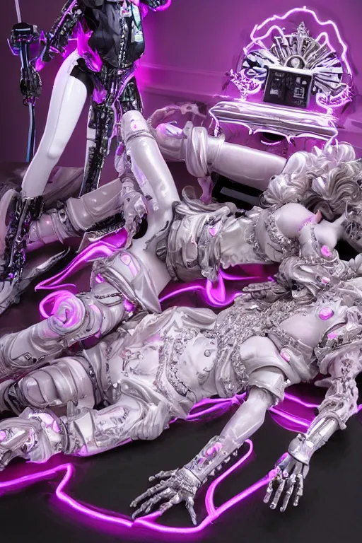 Prompt: full-body rococo and cyberpunk style neon statue of a young attractive Italiano macho dotado e rico android sim roupa reclining con las piernas abertas e la piroca dura, glowing white laser eyes, prince crown of pink gears, diamonds, swirling silver-colored silk fabric. futuristic elements. full-length view. space robots. human skulls. intricate artwork by caravaggio. Trending on artstation, octane render, cinematic lighting from the right, hyper realism, octane render, 8k, depth of field, 3D