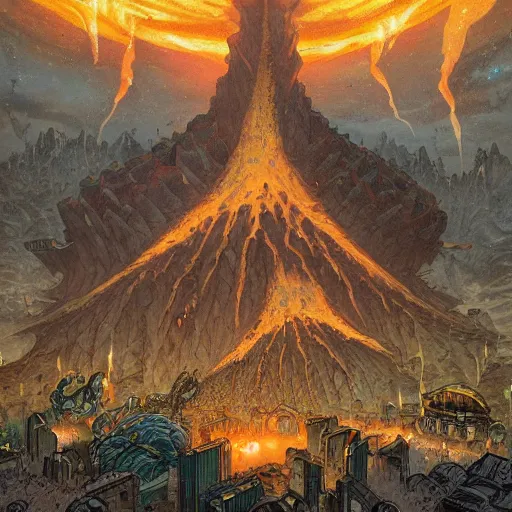 Image similar to a fortified volcano city, mega-architecture, furnaces burning, giant walls by Mohrbacher and Moebius and Alphonse Muchas