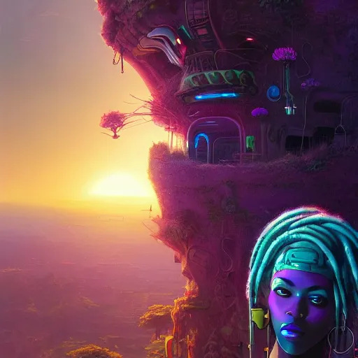 Prompt: an exotic african cyberpunk woman with colorful dreadlocks sitting on a cliff overlooking a field of colorful flowers with a giant glowing baobab tree in the middle, it is sunset, by greg rutkowski and android jones and Alena Aenami in a surreal cyberpunk! style, oil on canvas, 8k hd,