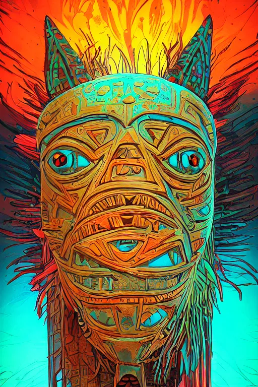 Image similar to totem animal tribal chaman vodoo mask feather gemstone plant wood rock video game illustration vivid color borderlands by josan gonzales and dan mumford radiating a glowing aura global illumination ray tracing