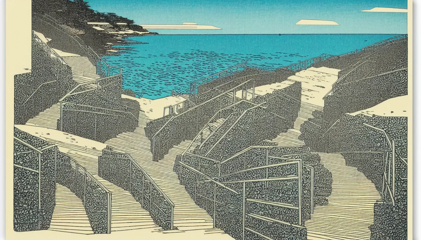 Image similar to stairs down to the beach by woodblock print, moebius
