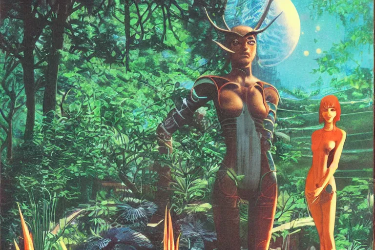 Image similar to 1979 OMNI Magazine Cover of a nature Druid elf At a Garden park in Neo-Tokyo in cyberpunk style by Vincent Di Fate