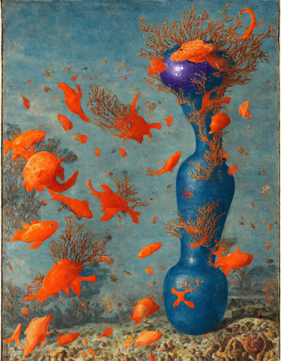 Prompt: bottle vase of coral under the sea and in the sky decorated with a dense field of stylized scrolls that have opaque outlines enclosing mottled blue washes, with orange shells and purple fishes, ambrosius benson, oil on canvas, hyperrealism, around the edges there are no objects