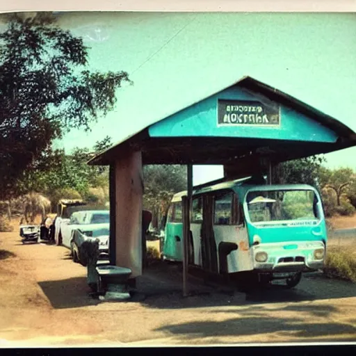 Image similar to old polaroid of futuristic african bus stops