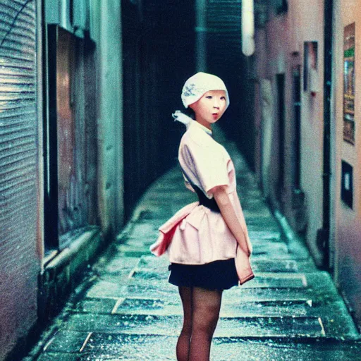 Image similar to 1990s perfect 8K HD professional cinematic photo of close-up japanese schoolgirl posing in sci-fi dystopian alleyway at morning during rain, at instagram, Behance, Adobe Lightroom, with instagram filters, depth of field, taken with polaroid kodak portra