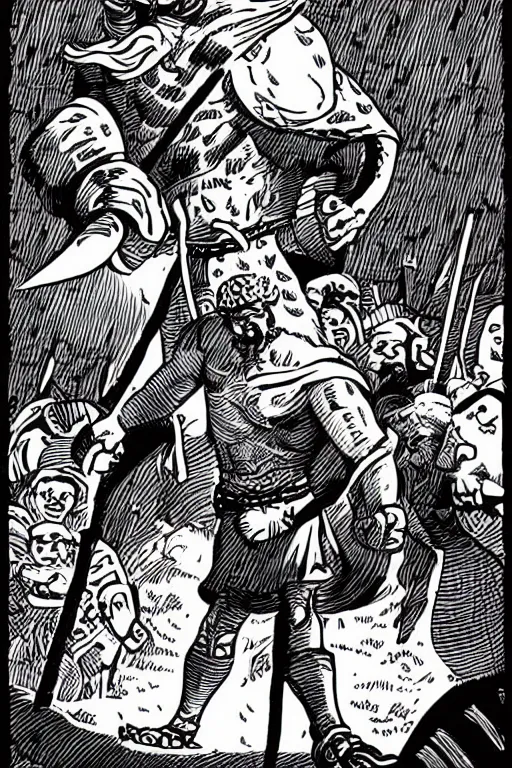 Image similar to ancient historically accurate depiction of the Bible Character Goliath of Gath, the Philistine warrior giant by mcbess