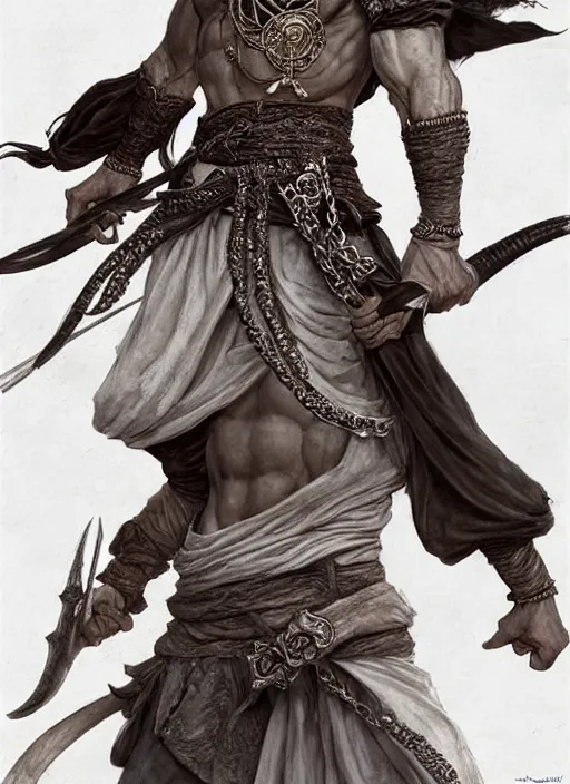 Image similar to detailed pencil spot illustrations of various character concepts from the prince of persia game and pirates of the caribbean movie, various poses, by burne hogarth, by bridgeman, by anthony ryder, by yoshitaka amano, by ruan jia, by conrad roset, by mucha, artstation, artstation.