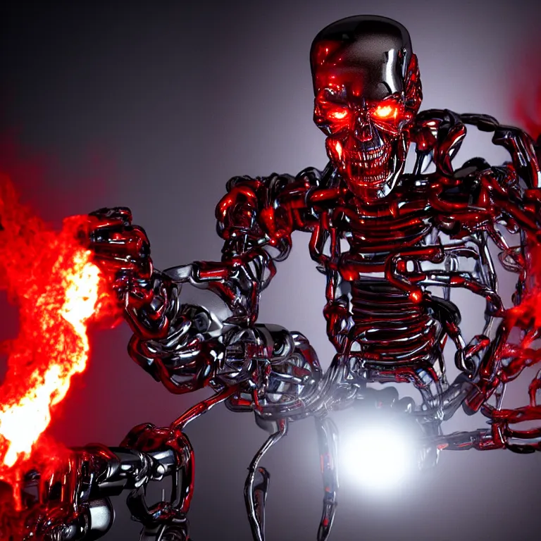 Image similar to terminator endoskeleton with red glowing eyes and fire behind it, movie still, chrome, shiny, reflective, metallic, 3 d render, realistic, hdr, stan winston studios, dramatic lighting, flame colors bright, ultra realistic