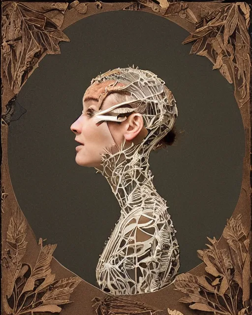 Image similar to a woman's face in profile, wearing a vintage space helmet made of elaborate intricate delicate leaf skeleton, in the style of the dutch masters and gregory crewdson, dark and moody