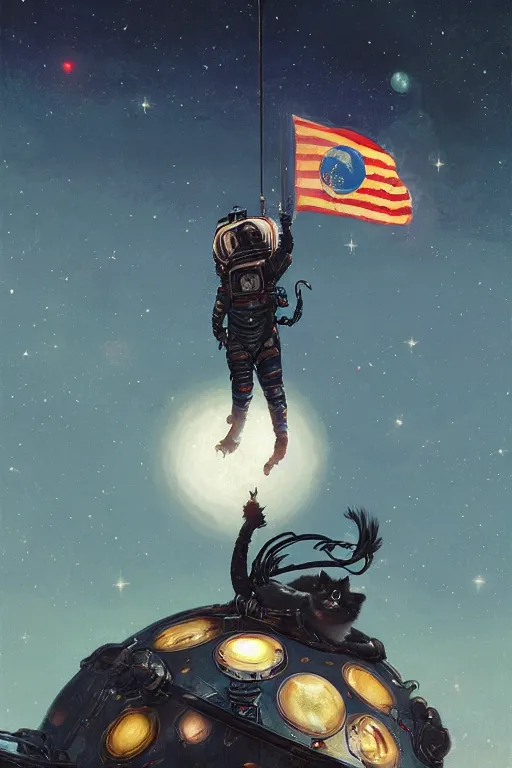 Image similar to space cat places cat flag on moon, highly detailed, digital painting, artstation, concept art, smooth, sharp focus, illustration, art by greg rutkowski and alphonse mucha