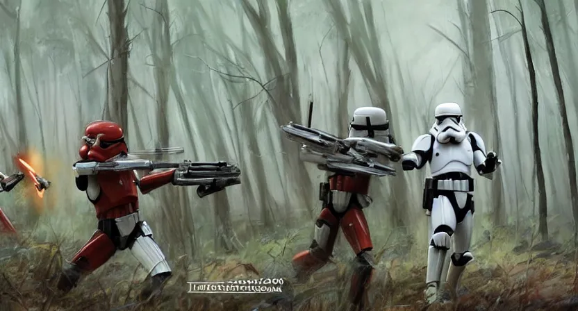 Prompt: stormtroopers shooting red blaster bolts at a young blonde jedi with short hair in a burned lifeless forest with burned trees and plants concept art by Doug Chiang cinematic, realistic painting, high definition, digital art, symmetrical, very detailed, extremely high detail, photo realistic, concept art, unreal engine 5, the Mandalorian concept art style