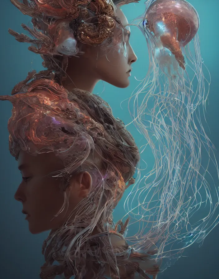 Image similar to goddess portrait. jellyfish phoenix head. intricate artwork by Tooth Wu and wlop and beeple. octane render, trending on artstation, greg rutkowski very coherent symmetrical artwork. cinematic, hyper realism, high detail, octane render, 8k