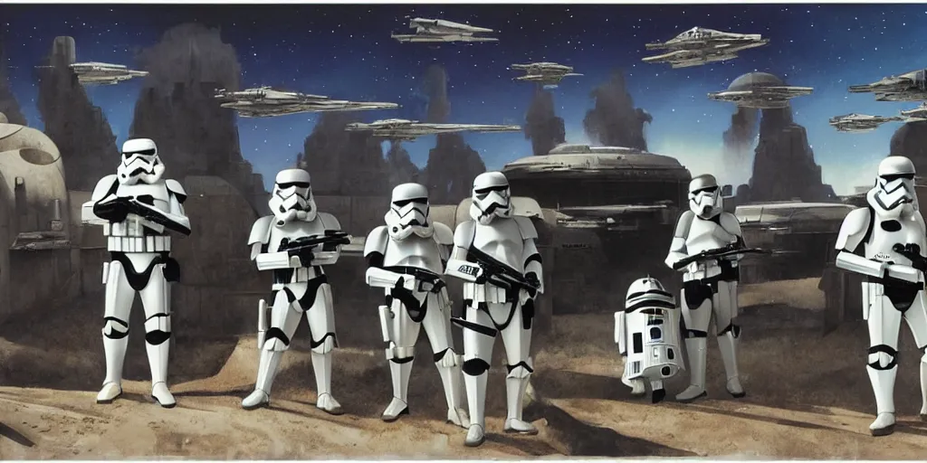 Prompt: star wars stormtrooper environment by aaron horkry and ralph mcquarrie