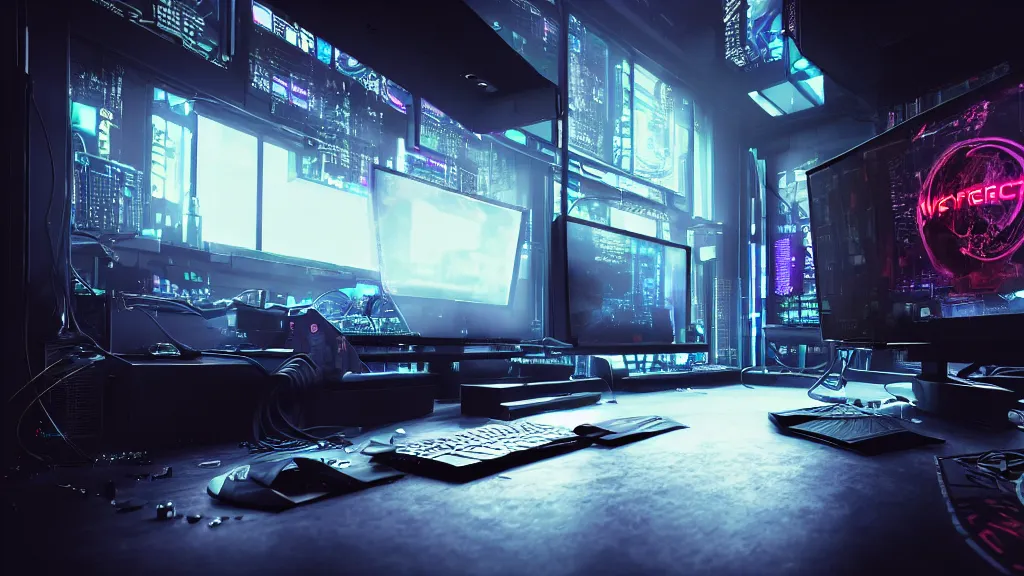 Image similar to a cyberpunk overpowered computer. Overclocking, watercooling, custom computer, cyber, mat black metal, alienware, futuristic design, Beautiful dramatic dark moody tones and lighting, Ultra realistic details, cinematic atmosphere, studio lighting, shadows, dark background, dimmed lights, industrial architecture, Octane render, realistic 3D, photorealistic rendering, 8K, 4K, computer setup, highly detailed, desktop computer, desk, table, ikea