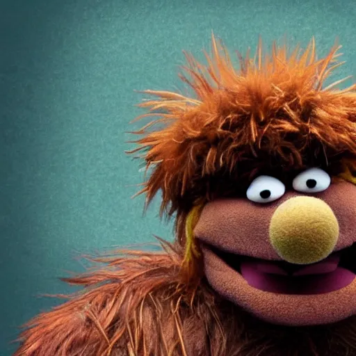 Image similar to a still of a forgotten muppet character looking very manly and modern, hilarious, laughing, hairy chest, huge chin, manly monster tough guy, roughled fur, photo real, photographic, photograph, artstation, trending, featured