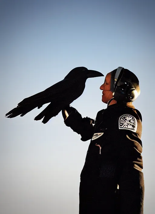 Image similar to a jet pilot with a crow head