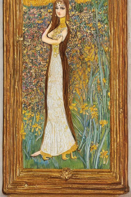 Image similar to girl waer detailed golden arabesque dress with a lot of narcissus in persian pot, miniature painting