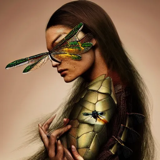 Prompt: brown woman wearing a shiny dragonfly armor. iridiscent. super detailed. layered. textured. award winning. dispersion of light. refracted lighting. soft. fragile. by ray caesar. by louise dahl - wolfe. by andrea kowch. surreal photoraphy. photorealistic