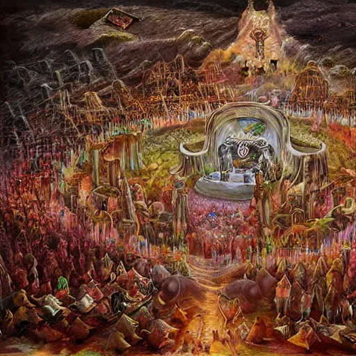 Prompt: desert festival called the sacrifice that occurs every ten years, during this event all members of society must make sacrifices on a large altar, fantasy art illustration, highly detailed and intricate