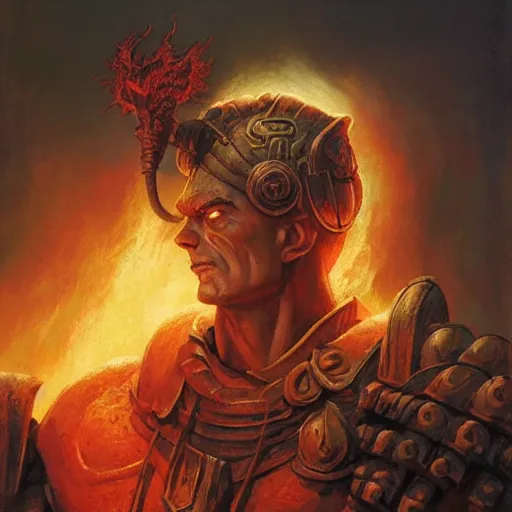 Image similar to head and shoulders portrait of a paladin fire giant, wreathed in flame, d & d, fantasy, greg rutkowski, frank frazetta, alexandre chaudret, boris vallejo, michael whelan, miro petrov, hr giger, magali villeneuve, donato giancola