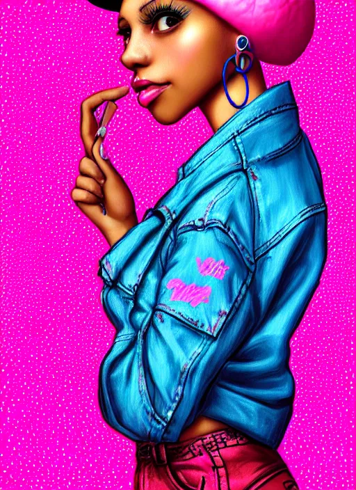 Image similar to portrait of teenage vanessa morgan with bright pink hair, black girl, curly pixie cut hair, wearing newsboy cap, pink short haircut, newsboy cap, hoop earrings, blue eyes, intricate, elegant, glowing lights, highly detailed, digital painting, artstation, concept art, smooth, sharp focus, illustration, art by wlop, mars ravelo and greg rutkowski