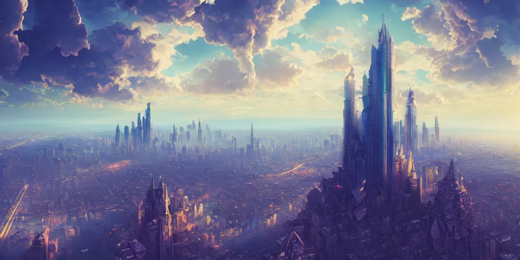 Image similar to city build on clouds, huge city, fantasy, highly detailed, high quality, 8 k, 4 k, octane render, digital painting, alena aenami, lilia alvarado, shinji aramaki, karol bak, alphonse mucha, tom bagshaw