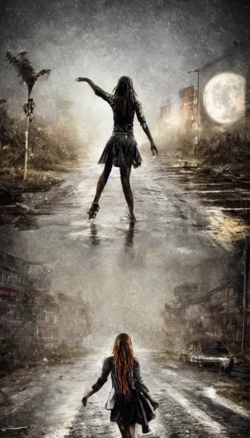 Prompt: woman dancing in the rain, post apocalyptic, horror, hyperdetailed, hyperrealistic, nature, soma game art style, midnight, full moon