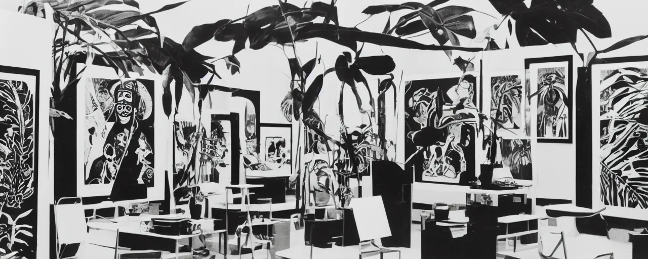 Prompt: A black and white photography in sérigraphie of an exhibition space with works of Sun Ra, Marcel Duchamp and tropical plants