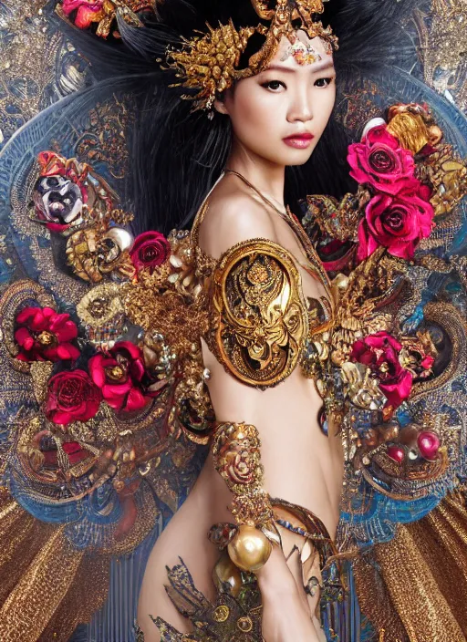 Image similar to expressive full body photo of a thai female model, ornate headpiece made from flowers, ornaments, glamour shot, by karol bak, by stefan gesell, photorealistic, canon r 3, fashion photography, hyper maximalist, elegant, ornate, luxury, elite, environmental portrait, symmetrical features, octane render, unreal engine, solid dark grey background, dramatic lights