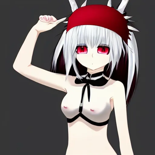Prompt: white hair red eyes two small horn on the head anime style anime girl