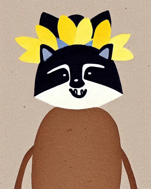 Image similar to a minimalist storybook illustration of a smiling happy cute raccoon wearing a flower crown, by antoine de saint - exupery and annabel kidston and naomi okubo and jean - baptiste monge. a child storybook illustration, muted colors, soft colors, low saturation, fine lines, white paper