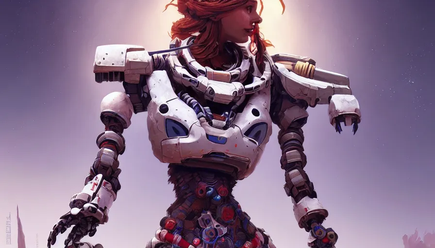 Image similar to a warrior robot astronaut, floral! horizon zero dawn machine, posing for a fight intricate, elegant, highly detailed, digital painting, artstation, concept art, smooth, sharp focus, illustration, art by artgerm and greg rutkowski and alphonse mucha, 8 k