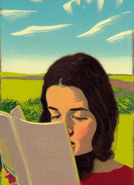 Image similar to an extreme close - up portrait of a girl reading in a scenic representation of mother nature and the meaning of life by billy childish, thick visible brush strokes, shadowy landscape painting in the background by beal gifford, vintage postcard illustration, minimalist cover art by mitchell hooks