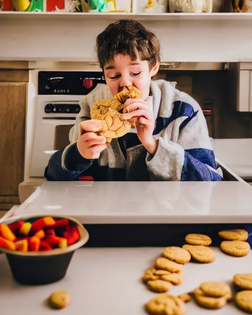 Image similar to high quality presentation photo of a real cute goblin eating cookies in a retro kitchen, photography 4k, f1.8 anamorphic, bokeh, 4k, Canon, Nikon